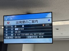 8:30の広島便で出発。窓なしの窓際席を取るという失敗をしてしまいました。