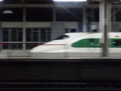 宇都宮駅と郡山駅で半分くらいの乗客が下車。車内は閑散として静まり返ってしまった。

いまは白石蔵王駅。夜間停泊（？）の新幹線が反対側ホームの向こう側に停まっている。おっ！昔の東北新幹線を再現したリバイバルカラーの新幹線だ！。