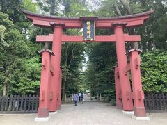 彌彦神社の鳥居。この先に続くのは、途中で直角に曲がる珍しい参道です。昔は直角の角に本殿があったようです。今はそこに宝物殿が立っています。