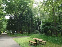 　ではさっそく公園内に入っていきます。ベンチとテーブルがあるのでここで食事をするのもアリかもです。