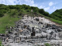 殺生石の近くまで来ました。松尾芭蕉の「奥の細道」にも出てくる有名な岩です。
陰陽師の安倍泰成に正体を見破られた九尾の狐が上総介広常と三浦介義純に退治され、この石に姿を変えたという伝説が残っています。石はその後も毒を発して人々や生き物の命を奪い続けたため「殺生石」と呼ばれるようになりました。