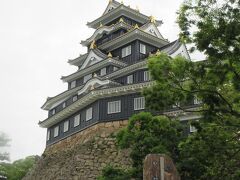 見えてきました。岡山城。戦国時代に宇喜多氏の本拠地として築城されています。
宇喜多秀家の時代の1597年に完成しています。
外壁が黒なので、「烏城」の名前で親しまれています。1945年の空襲で消失して、昭和41年(1966年)に再建されました。
不等辺五角形の天守台を持っている珍しい城だそうです。