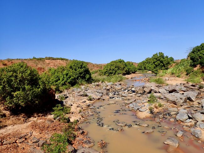 乾いた大地に流れる茶色の川を渡ります。