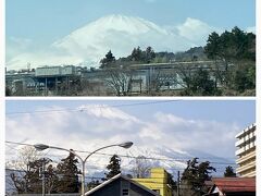 電車は、ふじさん号というだけあって、
終点に近づくにつれ、
ちょいちょい見え隠れする「富士山」。（晴れ限定）

終点、御殿場駅のホームからは、
正面にどーんと
でっかい富士山が見えましたー