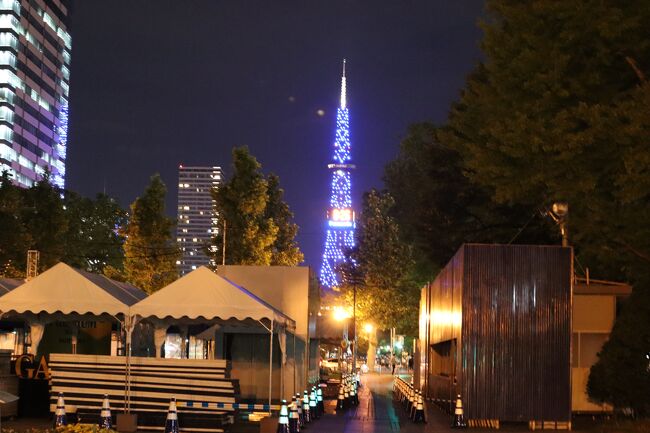 冷酒が効いて、酔い覚ましに大通り公園をぶらぶら<br /><br />テレビ塔は涼しげな青でライトアップ<br />手前では、夏に向けたビアガーデンの設営準備が進んでいました