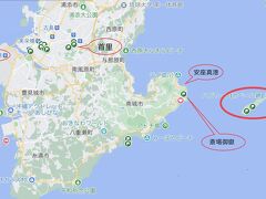 沖縄本島との位置関係
太い赤丸で囲ったところが久高島です

安座真港～久高島間の船は
1日各6便
フェリーと高速船が交互に運航していて
フェリーは25分 ￥680
高速船は15分 ￥770