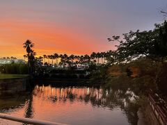まだ夕食まで時間があるのでとなりのホテル花水木のお土産屋さんのほうまでお散歩。ホテル間の通路で撮った夕焼けの空。
友達はアウトレットへ行ってたみたい。
その後 合流して夕食会場へ。
6人ゆったり座れるテーブル。そんなに人が多くなく、隣のテーブルとの距離も充分。お寿司やステーキなど美味しく頂きました。
そのあと、湯あみの島へ。