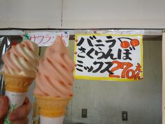 将棋むら天童タワーのソフトクリーム270円は観光地としては格安！
「ミックス」と「さくらんぼ」　です