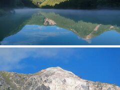 朝日に映える焼岳をバックに、蒸気霧の残る大正池が神秘的ですね。水面に映る山々も素敵です。焼岳の山頂は活火山らしく荒々しい感じです。