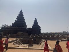 海沿いの「海岸寺院」へ。
イギリスの植民地以前、このお寺は砂浜に埋まっていたそうです。

イギリス人によって見つけられ掘り起こし、今は重要なお寺として多くの人が訪れています。

赤いサリーを着た女性たちがすてきでした。

