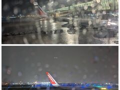 搭乗が始まり機内に入る頃、外は大雨になっていました。
離陸準備が遅れているようです。
滑走路に出て飛び立つ頃には午前4時前となっていました。
実質約2時間遅れ。