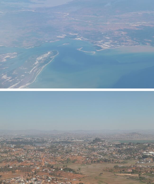マダガスカル上空!<br /><br />上空から見る限り、マダガスカル島は人が住んでないエリアも多いようです. <br />マダガスカルの人口は3000万人弱ですが、国の総面積は日本の約1.5倍(本州の約2.5倍)!!<br />