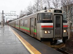 隣の南千歳駅で下車。苫小牧行の普通列車に乗り換えます。
新千歳空港～札幌・小樽方面はJR北海道の中でも稼ぎ頭の路線となっており、先述した快速エアポートをはじめ函館・釧路方面からの特急列車も合わせるとかなりの本数となるのですが、そこから外れてくる南千歳以南は本数に限りがあり(普通・特急それぞれに限ると)1時間ほど時間が空くなんてこともザラ。事前に時刻表の確認が必要となってくるところです。
今回はしっかりと確認していたので15分ほどの待ち時間で乗車。窓に背を向けて座るロングシートの車両だったので、ドア脇に立って窓の外を眺めていました。