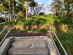 階段の段数は239。正面の丘が野島山山頂の広場。
階段側から山頂広場へ直接登る園路は無く、山頂を1周する園路を右側に約1/4周すると、展望台がある広場の入口だ。
