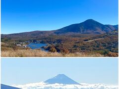 朝のビーナスライン(霧ヶ峰富士見台)からの蓼科山、
文字通りの富士見台からの富士山です。