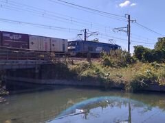 岡山から２駅目のJR庭瀬駅の西側には、水路が迫ります。
朝の山陽本線は、数分おきに貨物列車が通過します。
