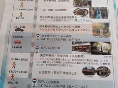 高千穂へは１２：１９着。高千穂めぐりをどうするか、帰りのバス１６：５７まで約４時間半あるので、当初は自力でバスを使って行けると思ったが、バス便が少なく、天岩戸神社・天安河原エリアを優先すると高千穂峡や高千穂神社に行けなくなってしまう。レンタルサイクルもあるが、高低差があるようなので時間が読めない。結果高千穂観光案内所主催の４時間のツアー（3,300円）を利用することにした。高千穂峡からバスセンターまでタクシーを使うのがミソで、自分でタクシーを予約できればもっと安く行けそうだったが、タクシー運転手不足とオーバーツーリズムの昨今、確実にタイムリーにタクシーを予約できるとは限らないので、このツアーを利用することにした。催行1名からで、ガイドは付かないので自分で回るだけなので気兼ねがない。