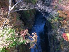 猿橋からの眺め。せっかくの紅葉が朝陽で白飛びしてしまいました。光を抑えようとすると、奥の川が暗くなり過ぎちゃうし、写真って難しいですね…。