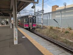 奥羽線の列車です。
紫色とピンク色が何ともかわいいです。
２両編成で列車本数も少ないので、かなり混雑していました。