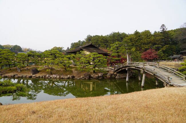 沢の池に浮かぶ中の島に架かる太鼓橋、沢の池の中に浮かぶ中の島や御野島、対岸に慈眼堂が見えます。