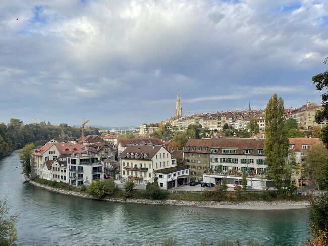 アーレ川とベルン。<br /><br />バラ公園を下ってくると旧市街地に行ける。<br />信号待ちで止まっていると坂の上から、前に子どもをのせた自転車の人が下ってきた。<br />本当にきつい坂なのでブレーキ壊れてたら道路に飛び出したりしないのかな？とか<br />帰りはこの坂を電動自転車で、自分だけだとしても無理そうなのに、子どもを乗せてどうやって帰るのかな？回り道あるのかな？とか疑問が湧いてしまった。