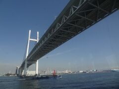 おっ！
横浜ベイブリッジの下を通過しますよ。

海面から橋のクリアランス(高さ)は約55m。
以前は大半の大型クルーズ客船がくぐれたのですが、近年大型化される外国のクルーズ客船はベイブリッジの下をくぐれなり、大さん橋に着岸できない事態がおきているそう。
これに対応すべく、令和7年(2025年)の完成を目指して本牧ふ頭に新客船ターミナルを建設中です。