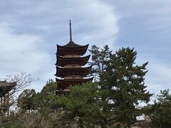 遠くに厳島神社の千畳閣に隣接して建っている五重の塔