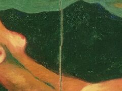 絵はがきより。「青山河」

「青山河」は1931年（昭和6年）5月－1932年9月、夢二滞米中に描いたものです。
裸婦のモデルはアメリカ人でしょうね。背景の山は榛名山のようです。「榛名山賦」と同じ山容です。
