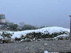 雪が降っていて何も見えません。
雪が一層降ってきたので、展望レストランでホットココアを飲んでモノレールの時間調整をしていました。