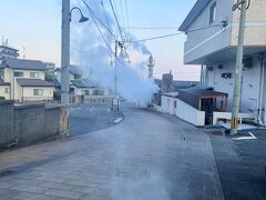 別府駅からタクシーで今宵の宿がある鉄輪温泉(かんなわおんせん)へ。
宿近くの路上でいきなり湯煙モクモクでビックリしました。

別府駅から鉄輪温泉まではタクシーで2,300円でした。
タクシーに乗ると大概の運転手さんから相棒の国籍を聞かれます。
相棒はロシア生まれのイスラエル国籍。両国とも戦争中の今、
この旅相棒はアメリカ人で通しました。
結婚するまで20年近くアメリカで住んでいたので、まぁいいっか。

別府は想像以上に大きな町でこの旅では最大級。
大分県では大分市についで2番目に人口が多い町だそうです。