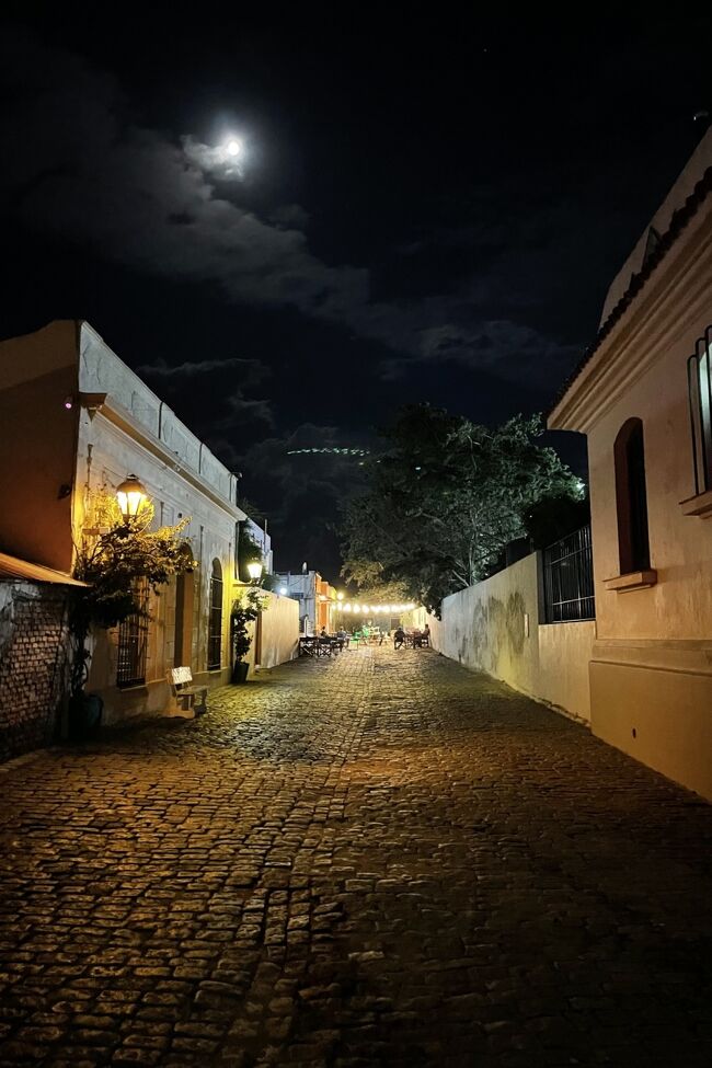 明かりに照らされた石畳。月も明るいです。