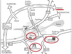 ＜4/17　(木)  日本は晴、ミュンヘンは曇り空・10℃、　64km＞

成田　LH715　LV  12：25　＝＞ Muenchen Airport　AR 17：45　；32AC　（F.J.Strauss国際空港；A340-300　12：35離陸。）

＊18：15に予約済みのHertzで手続き（18：24）。前回同様に予約車なく、18：55空港を出る。＝＞L？Erding＝＞Tittenkofen ・ Fraunberg ・ Moosburg ・Ehohing ・ Landshutランツフート  B15・L？ ＝＞64km　古城ホテル・Schloss Schoenbrunnシュロス-シェーンブルン”美しき泉の城“に20：15到着。遅めとなった夕食(20：30～22：30)を”Schloss Schoenbrunn” にてSpecial Arrangement利用。

二度にわたるドイツ駐在生活にも拘らず、この古都Landshutランツフートの町を訪れるのは始めてである。市内に入って、古城ホテル・Schloss Schoenbrunnシュロス-シェーンブルン”美しき泉の城“に至る。

写真はLandshutランツフート・古城ホテルSchloss Schoenbrunnシェーンブルン城”美しき泉の城“とBurg Trausnitzトラウスニッツ城のMap