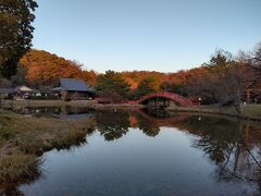 夕陽に染まる金堂背後の金沢山の紅葉。風が無く水面が鏡のようだ。