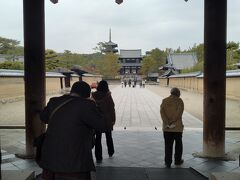 門をくぐると、正面に法隆寺が見えてきました。やはり五重塔が目につきますね。