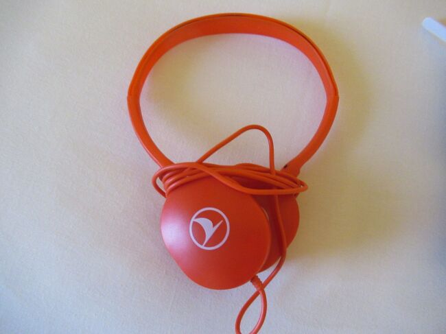 置かれていた赤いヘッドフォン。だけど、音質が悪く、持参のイヤフォンを使ってました