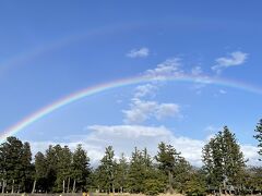 仏国土（浄土）を表す庭園の大泉が池。地中立石が特徴的です。その向こうにダブルレインボー...　藤原家のヒストリーを思うと切ないなあ。