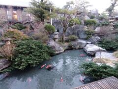 本日の宿、銘石の宿かげつへ。
部屋からの眺め。縁側は池の上に張り出しています。