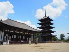 五重塔がもうすぐ修繕に入るということで、慌てて行ってみることに。
美しい姿は、青空に映えていた。

境内には、国宝館、五重塔そばの東金堂、中金堂とあり、それぞれ別の拝観料が必要。
結構な金額になるので、友人と私は、国宝館だけを選択。
なぜそこを選んだかと言うと、やはりメインなのと、国宝の阿修羅像もあったので。
奈良時代については詳しくないけれど、阿修羅像には心惹かれるものがあった。