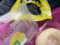 青島から高千穂へ向かう途中、道の駅 青雲橋で各自昼食ということでしたが、他にも観光バスがいたため定員オーバーでレストランに入れず。
そんなにお腹もすいていなかったし、夕飯のために軽く済ませよう！ということで、売店でおにぎりとレモンケーキを買ってバスの車内で昼食に。
レモンケーキ２種を食べ比べ。