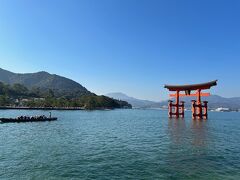 ランチを終えて参道を進むと厳島神社の大鳥居が見えてきました。
いいお天気。
以前来た時は干潮で大鳥居が全部下まで見えてたけど
こっちの方が綺麗に感じました。