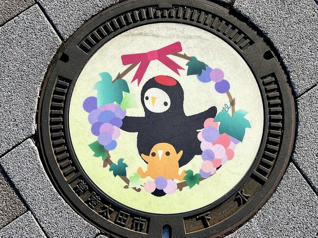 常陸太田駅前のマンホール蓋。<br />市の公式マスコットキャラクター｢じょうづるさん｣と､特産品の一つである｢ぶどう｣をデザインしています<br />そうは見えないのですが、じょうづるさんは鶴です。昔からこの地方に棲んでいたらしいです。