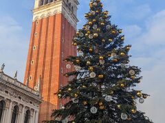 さっそくサンマルコ広場へ！
ホリデーシーズンということで、クリスマスツリーが飾ってあります笑

ツリーの下が底上げされているのは、満潮時に水に浸らないようにするためでしょう