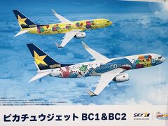 スカイマーク社の展示は、コラボ中のピカチュウジェット2機の紹介とPRが。
機体番号は黄色がJA73AB、白色がJA73NG。

※写真は、スカイマークのブースに展示されていたポスターを撮影したもの