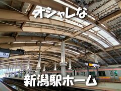 オシャレなJR新潟駅です。
新幹線ホームと在来線が同じ階で
乗換えは便利です。

天井がどこか日本じゃないみたいな感じでした。