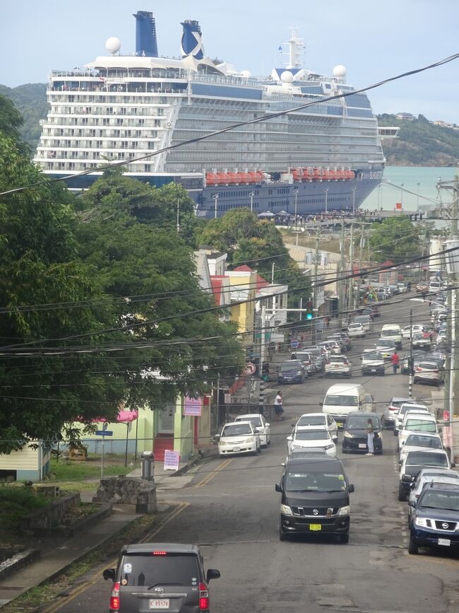 アングリカン・カテドラルから眺め（港に延びる道とクルーズ船）<br />（バスで空港に向かいます。）