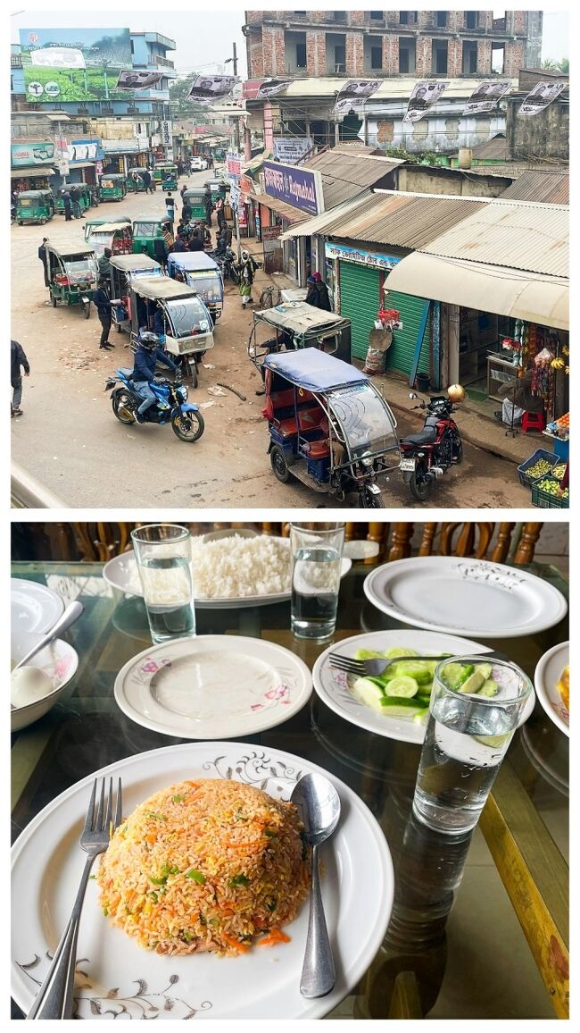 12:30頃、バヌーガックという町でランチタイム。<br />カレーに飽きてきたので、タイ・フライドライスを注文。<br />どこがタイなのか意味不明でしたが、エビが入ってる所？<br />これはこれで普通に食べれました。<br />タイ風チャーハンと紅茶で170タカ(240円ほど）<br /><br />Razbeさんとドライバーさんは野菜カレーとゆで卵。<br />二人で大盛りのライスを平らげていました。