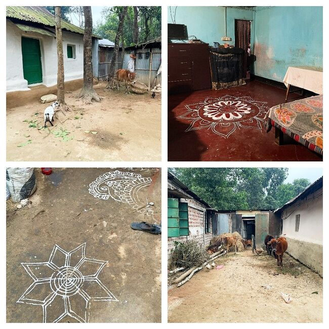 家の中や玄関先に描かれたお花の紋様を見ていって～と。<br />ヒンドゥー教徒の誇りの現れだと思います。