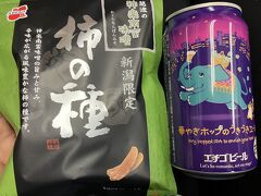 午後はまた 奥添地エリアの上のほうへ。午後３時過ぎまで休憩なしでたっぷり滑り、終了。４時のバスで越後湯沢へ。相変わらずカオスな越後湯沢の駅。サクッと買い物を済ませ、新幹線に。柿の種神楽南蛮味噌とエチゴビールのIPAで乾杯。