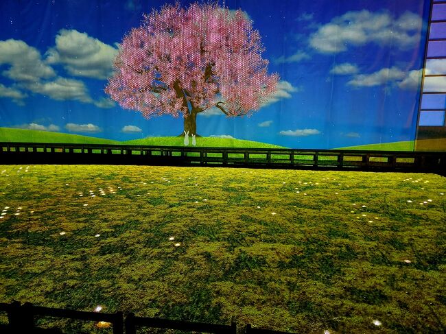 『日本の四季　こころの故郷』桜が咲きウサギが、お花見を楽しんでいます。