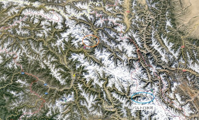 今回歩くのはオレンジ丸の中。<br />ネパールのトレッキングと違うのは、細かい地図やガイドブックが無いこと。しかもこの辺りはフンザから近いのにトレッキングコースとしては、まだ未開な感じ。<br /><br />みんな大好き「バルトロ氷河」は右下だ。<br />https://4travel.jp/travelogue/11154672